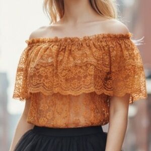 Virginie Vincent France Lace Exaggerated Ruffled Peasant Boho Holiday Top SZ M